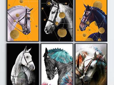 Modern Abstract Horse Art Prints With Colorful Portraits Golden Circles And Geometric Patterns 3d model
