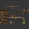Wooden Bookshelf With Multi Tiered Shelves Books And Ceramic Jar Interior Display Setup