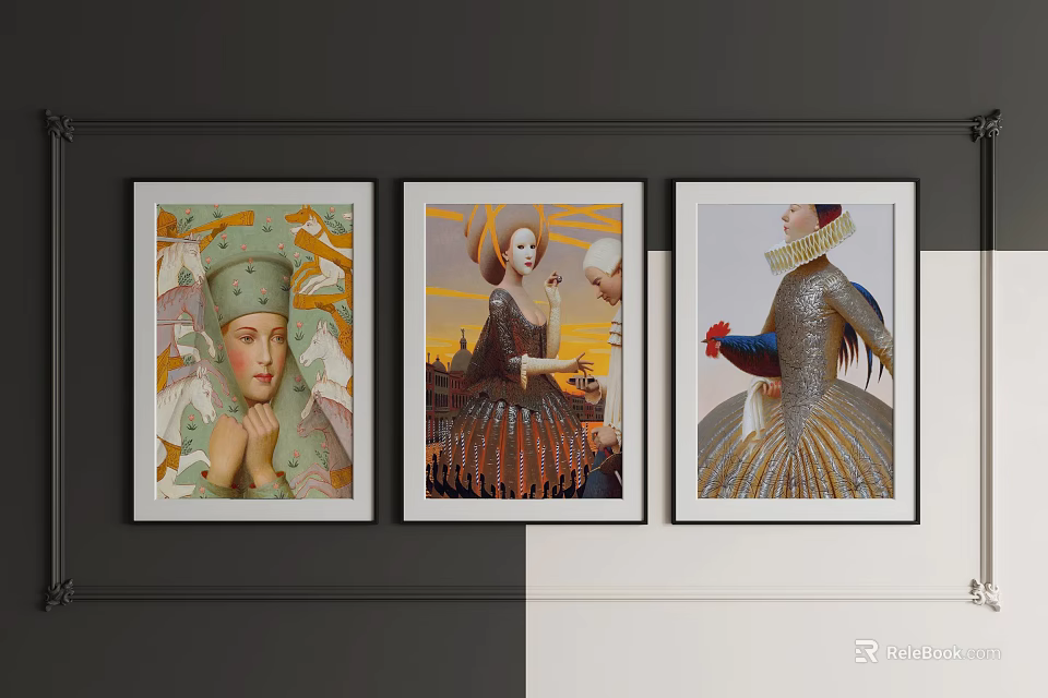Three Framed Portrait Paintings With Vintage Style And Elegant Attire Details 3d model 