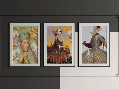 Three Framed Portrait Paintings With Vintage Style And Elegant Attire Details 3d model