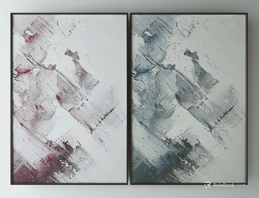 Two Panel Abstract Paintings With Red Purple Blue Gray Tones And Black Frames 3d model 
