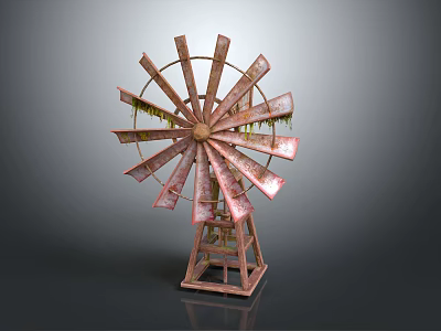 Rusty Wooden Windmill With Weathered Blades And Stable Base Structure 3d model