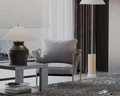 Modern Living Room Interior With Gray Leisure Chair Metal Frame Floor Lamp And Coffee Table 3d model