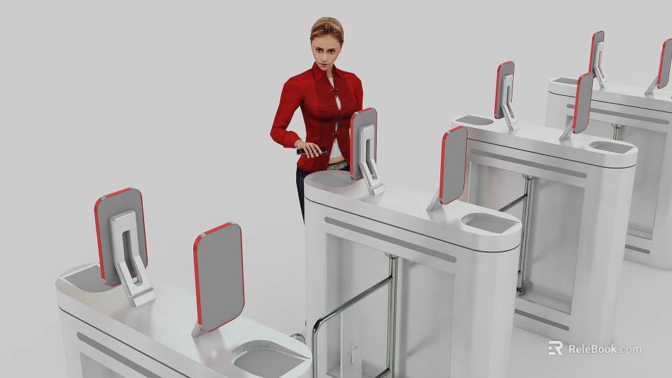 Woman in Red Jacket Operating Security Checkpoint Gates with Gray Panels 3d model 