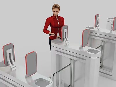 Woman in Red Jacket Operating Security Checkpoint Gates with Gray Panels 3d model
