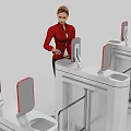 Woman in Red Jacket Operating Security Checkpoint Gates with Gray Panels