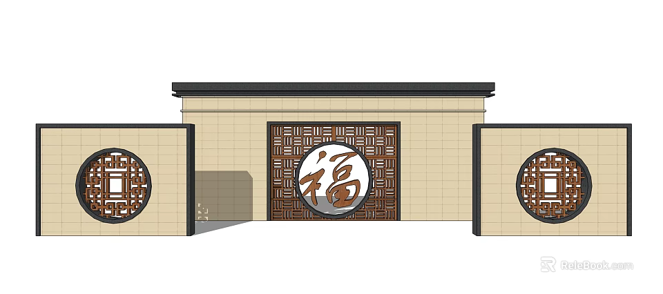 Chinese Feature Wall With Circular Fu Character Openwork Design And Symmetric Panels 3d model 