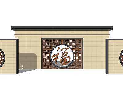 Chinese Feature Wall With Circular Fu Character Openwork Design And Symmetric Panels 3d model