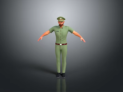 3D Character Wearing Green Uniform And Cap Arms Outstretched On Gray Background With Black Shoes 3d model