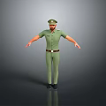 3D Character Wearing Green Uniform And Cap Arms Outstretched On Gray Background With Black Shoes
