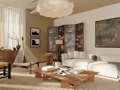 Modern Living Room Interior With White Sofa Wooden Coffee Table Screen And Chandelier 3d model