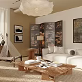 Modern Living Room Interior With White Sofa Wooden Coffee Table Screen And Chandelier