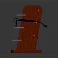 Red Wooden Eyeglass Stand With Multiple Transparent And Orange Shelves Holding Black Eyeglasses