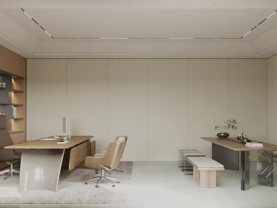 Modern Minimalist Executive Office With Wooden Desks Ergonomic Chairs And Elegant Comfortable Guest Space 3d model