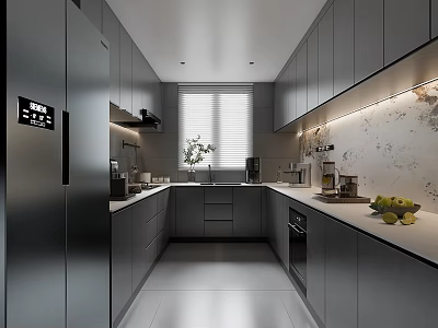 Modern Kitchen Interior Design With Gray Cabinets Marble Backsplash And Appliances 3d model