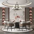 Chinese Restaurant Interior Design With Round Dining Table Chairs Chandelier Landscape Painting Bookshelves And Rug