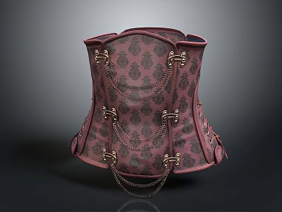 Elegant Red Black Damask Pattern Corset With Golden Metal Buckles And Chain Details 3d model