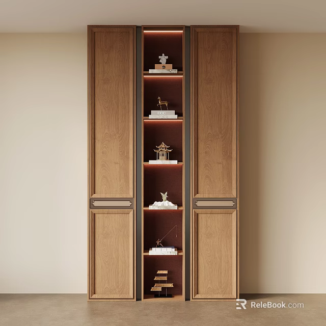 Elegant Wooden Display Cabinet Interior With Multiple Shelves And Ornaments 3d model 