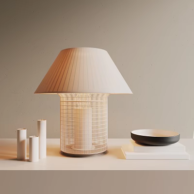 Beige Pleated Lampshade Table Lamp With Grid Patterned Base On White Tabletop And Cylindrical Decor 3d model