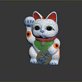 Traditional White Maneki Neko Cat With Red Ears Green Collar And Gold Coin