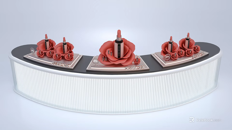 Floral Merchandising Display With Red Rose Arrangements And Lipstick Products On Curved Stand 3d model 