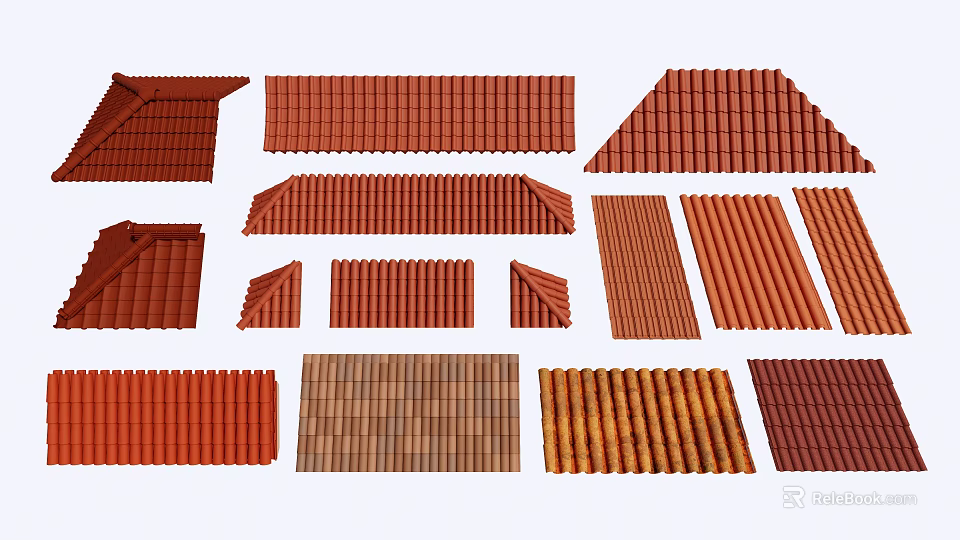 Various Roof Tiles in Red Brown Tones with Flat and Curved Shapes 3d model 
