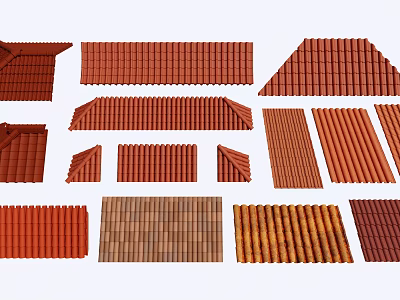 Various Roof Tiles in Red Brown Tones with Flat and Curved Shapes 3d model