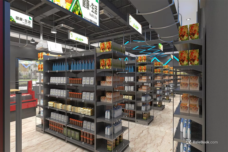 Supermarket Department Store Interior With Organized Shelves Displaying Assorted Food Beverages 3d model 