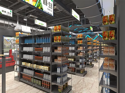 Supermarket Department Store Interior With Organized Shelves Displaying Assorted Food Beverages 3d model