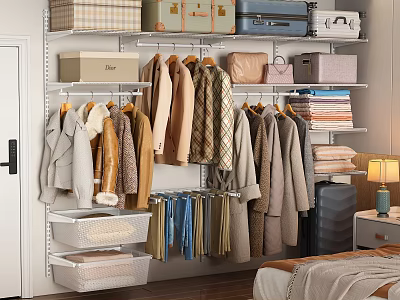 Clothes Hangers Holding Coats Jackets Pants In Closet With Folded Clothes Storage Boxes Shelves 3d model