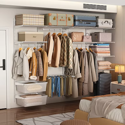 Clothes Hangers Holding Coats Jackets Pants In Closet With Folded Clothes Storage Boxes Shelves 3d model