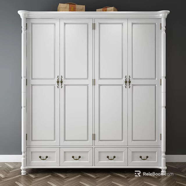 Classic White Wardrobe Design With Four Paneled Doors And Drawer Storage 3d model 