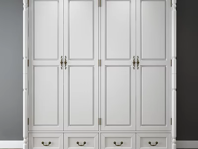 Classic White Wardrobe Design With Four Paneled Doors And Drawer Storage 3d model