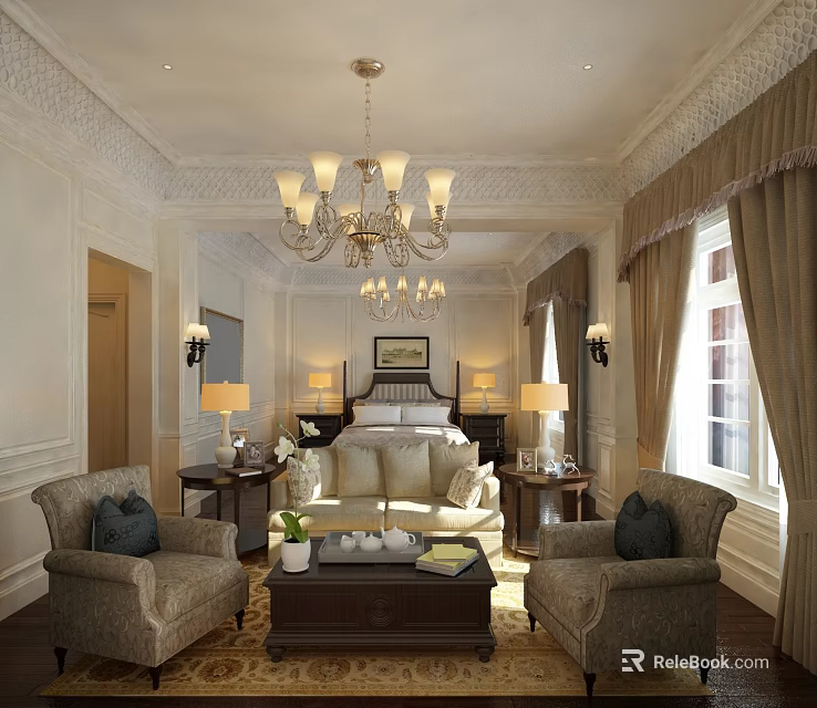 Elegant Luxurious Hotel Guest Room With Chandelier Sofa Coffee Table Bed Table Lamps And Armchairs 3d model 