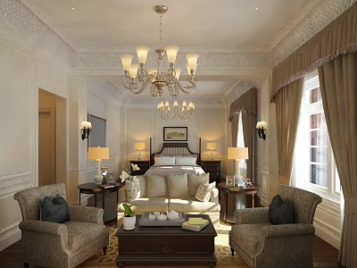 Elegant Luxurious Hotel Guest Room With Chandelier Sofa Coffee Table Bed Table Lamps And Armchairs 3d model