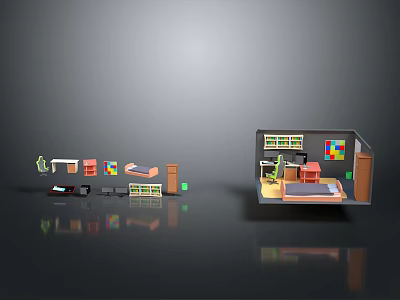Detailed Room Scene Components With Bed Bookshelf Cabinet And Section View 3d model