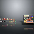 Detailed Room Scene Components With Bed Bookshelf Cabinet And Section View