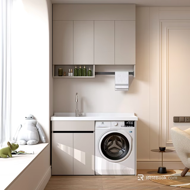 Modern Home Balcony Design With Washing Machine Storage Cabinets And Natural Light 3d model 