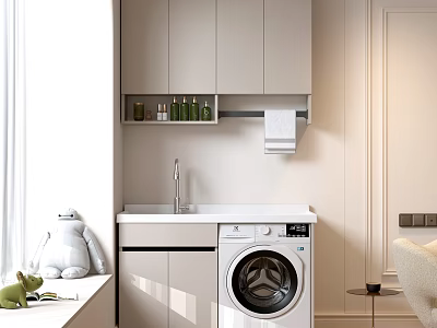 Modern Home Balcony Design With Washing Machine Storage Cabinets And Natural Light 3d model