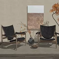 Modern Leisure Chairs With Wooden Frame In Indoor Space With Decorative Painting And Orange Plant