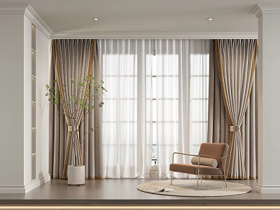 Modern Beige Striped Curtains For Floor Length Window With Armchair And Plant 3d model