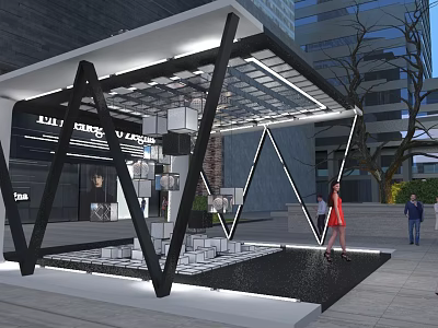 Modern JUNI SAVAGE VERSACE Exhibition Booth Design With Black Frame Transparent Canopy Outdoor Urban Pedestrians 3d model