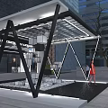 Modern JUNI SAVAGE VERSACE Exhibition Booth Design With Black Frame Transparent Canopy Outdoor Urban Pedestrians