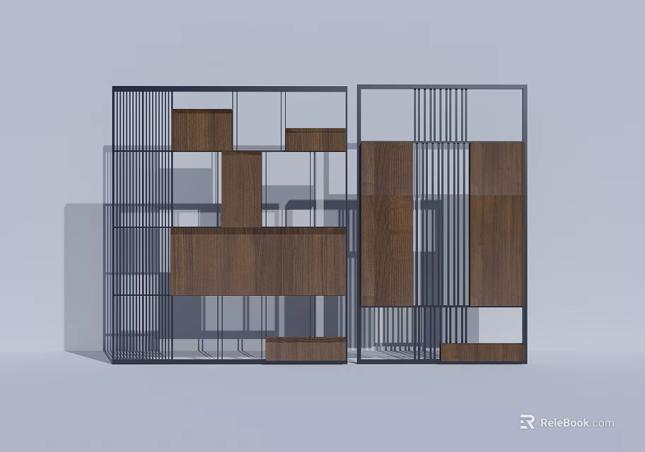 Modern Room Divider With Metal Grid And Wooden Panel Design 3d model 