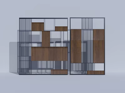 Modern Room Divider With Metal Grid And Wooden Panel Design 3d model