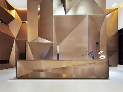 Sleek Modern Reception Desk With Metallic Finish And Geometric Design In Lobby Setting 3d model