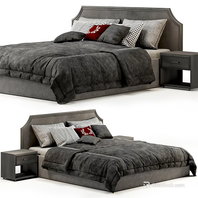 Stylish Modern Double Bed Setup With Headboard Pillows Bedspread And Nightstand 3d model