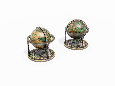 Decorative Vintage Globes on Ornate Metal Stands with Intricate Base Patterns 3d model