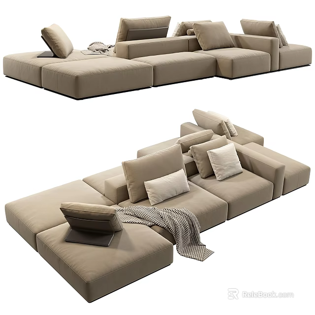Modern Beige Sectional Sofa With Plush Cushions And Throw Blanket Interior Design 3d model 