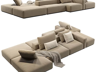 Modern Beige Sectional Sofa With Plush Cushions And Throw Blanket Interior Design 3d model